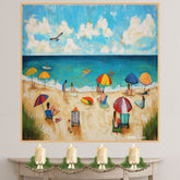 Colorful Beach Day Folk Art – Coastal Wall Print with Umbrellas & Ocean View on Ready to Hang 1.5" Thick Canvas Wrap, Floating Framed Canvas, Flat Rolled Canvas